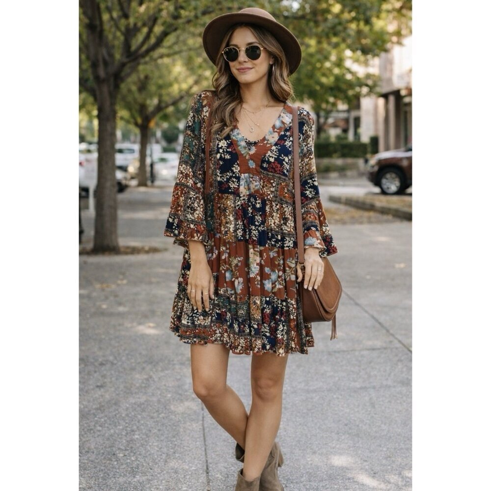 Entro Floral Mini Dress Size Large V-Neck Long Sleeve Patchwork Boho Festival